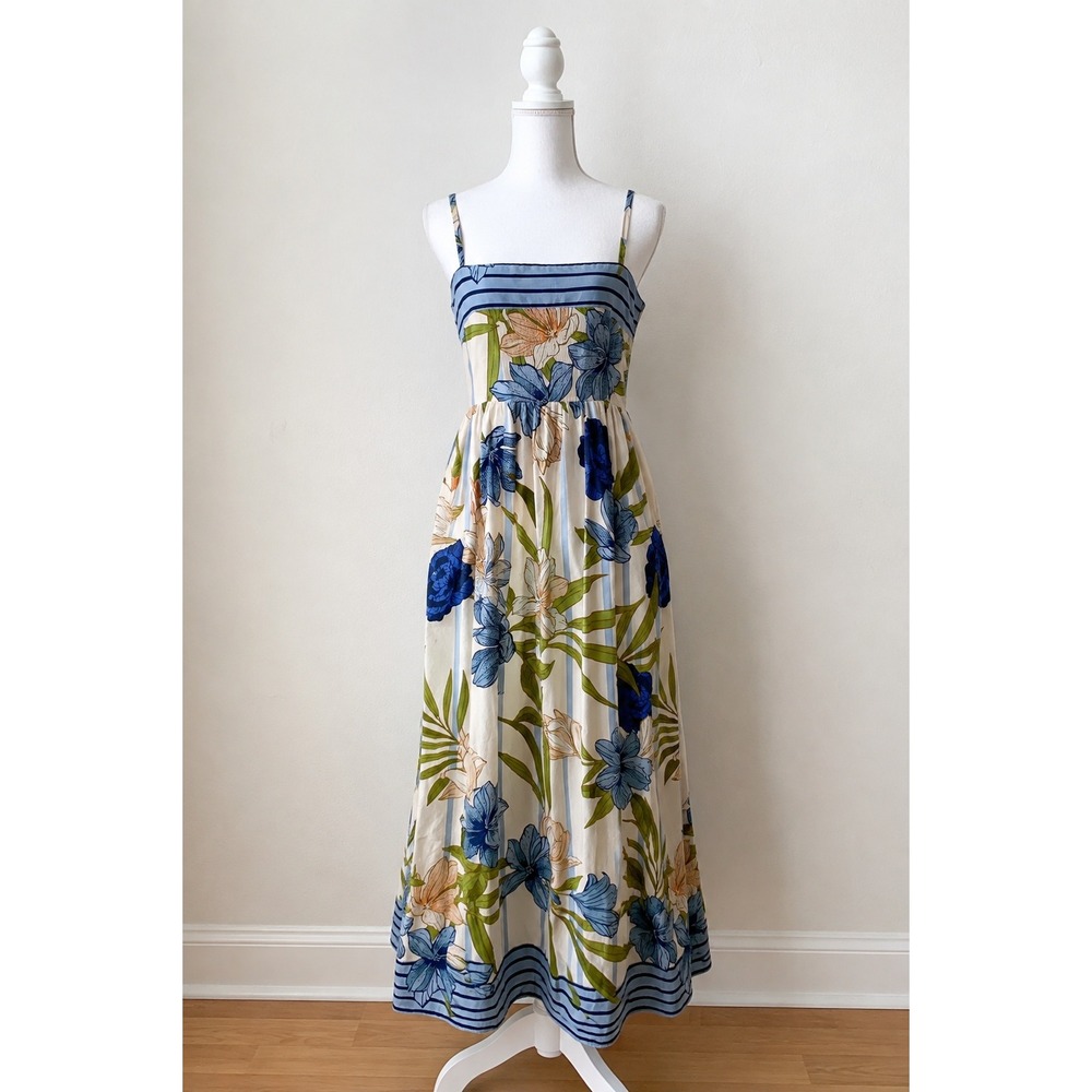 CeCe Blue Floral Spaghetti Strap Maxi Dress M Boho Cotton Pockets Cottagecore